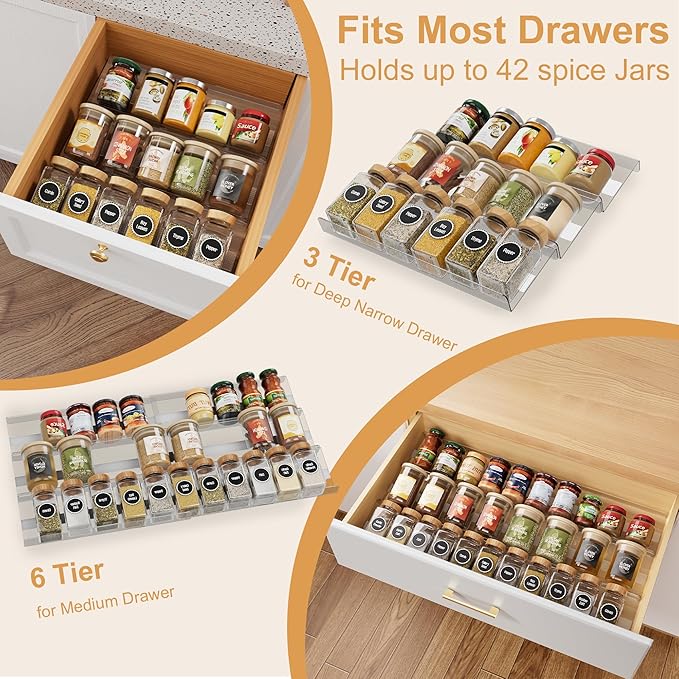 Expandable Spice Drawer Organizer Insert, 6-Pack Kitchen Adjustable Seasoning Rack Tray (13" to 26"), Clear Acrylic with Anti-Slip Mat, for Cabinet Countertop (Jars Not Included)