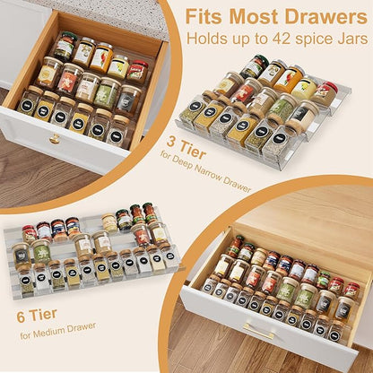Expandable Spice Drawer Organizer Insert, 6-Pack Kitchen Adjustable Seasoning Rack Tray (13" to 26"), Clear Acrylic with Anti-Slip Mat, for Cabinet Countertop (Jars Not Included)