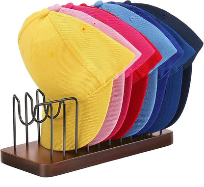Hat Organizer for Baseball Caps, Hat Rack Stand for 10 Hats Wood Metal Hat Holder Storage Baseball Cap Organizer for Closet Dresser Desk (Brown, 1 Pack)