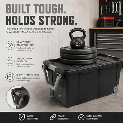 Extra Large 40 Gallon Wheeled Industrial Storage Bins, Heavy Duty Plastic Stackable Totes with Latch Lids and Pull Handle for Garage, Basement, and Moving, Dark Gray, 2 Pack