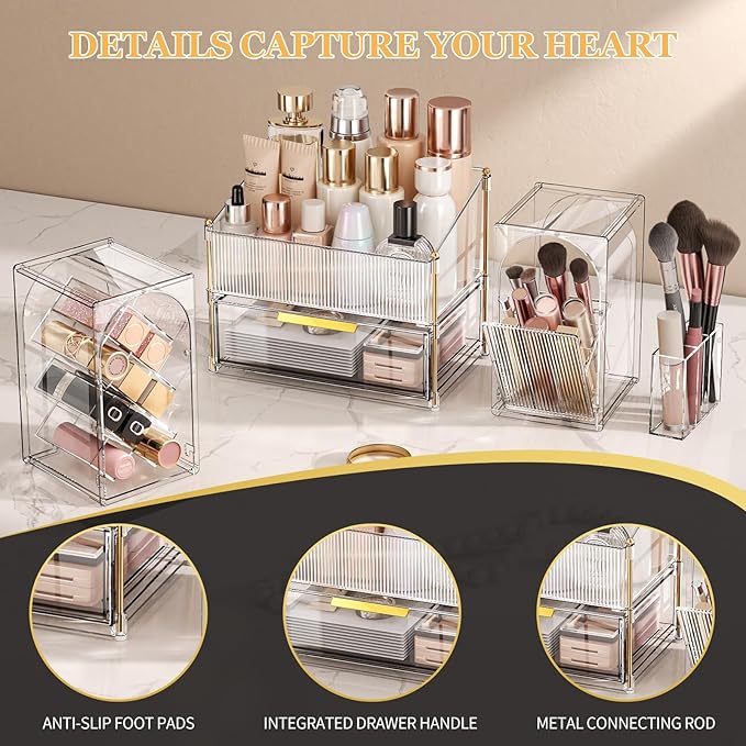 Seoneiro Makeup Organizer with Drawers, Cosmetic Storage for Dresser Countertop and Bathroom Vanity, Beauty Holder for Lipstick Brush Skincare Display case (Transparent)