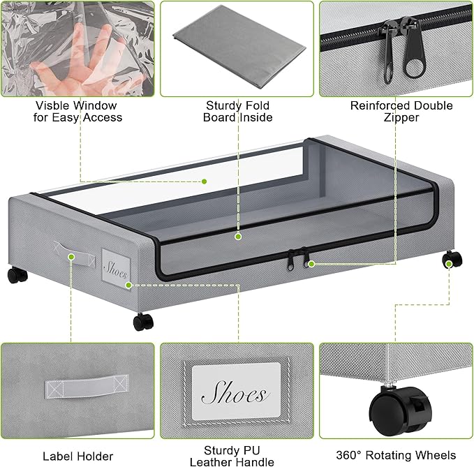 Tututry Under Bed Storage with Wheels, XXL 60L Under the Bed Storage Bins, Underbed Storage Containers with Lids & Label, Rolling Metal Drawer for Shoes, Clothes, Books, Toys (2-Pack Gray)