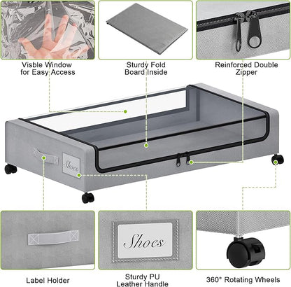 Tututry Under Bed Storage with Wheels, XXL 60L Under the Bed Storage Bins, Underbed Storage Containers with Lids & Label, Rolling Metal Drawer for Shoes, Clothes, Books, Toys (4-Pack Gray)