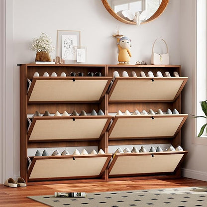 AVZEAR Narrow Shoe Storage Cabinet for Entryway with Natural Linen Panel, Freestanding Slim Shoe Cabinet with 3 Flip Drawers, Wood Shoe Organizer Closed Shoe Rack for Hallway, Living Room(Walnut)