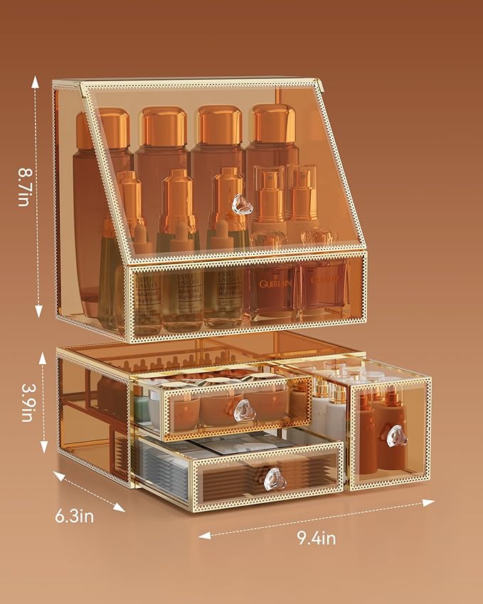 CoralHouse Makeup Organizer Countertop,Amber Makeup Organizer with Drawer, Skincare Holder for Bathroom Countertop,Cosmetic Display Case for Dresser