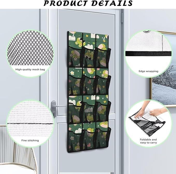 12 Large Mesh Pockets Cartoon Frog Over the Door Shoe Organizer Sturdy Oxford Fabric Hanging Shoe Rack for Closet Shoe Organizer Door Hanger