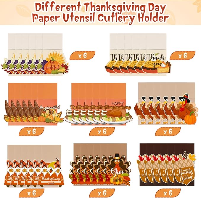 Qeeenar 48 Pcs Thanksgiving Cutlery Holder Fall Cutlery Wraps Bag Silverware Bags Turkey Utensil Silverware Holder Cutlery Pouch Holder for Table Decoration Autumn Harvest Party Supplies, 8 Styles