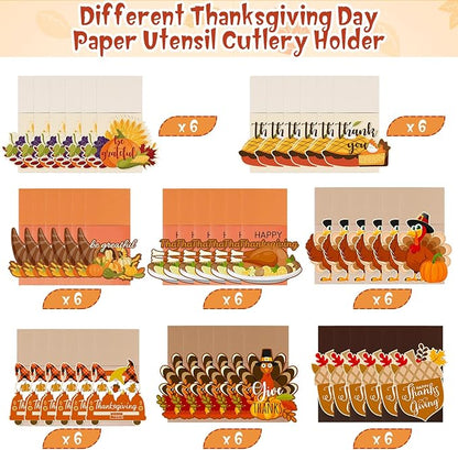 Qeeenar 48 Pcs Thanksgiving Cutlery Holder Fall Cutlery Wraps Bag Silverware Bags Turkey Utensil Silverware Holder Cutlery Pouch Holder for Table Decoration Autumn Harvest Party Supplies, 8 Styles