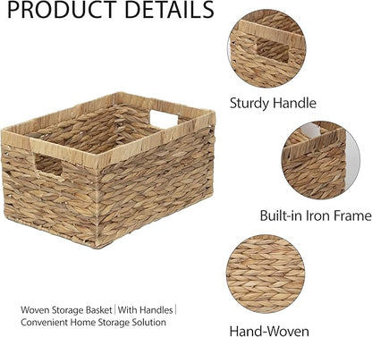 Storage Baskets,Woven Natural Water hyacinth Box with Handle,Kingwillow.(Set of 3)