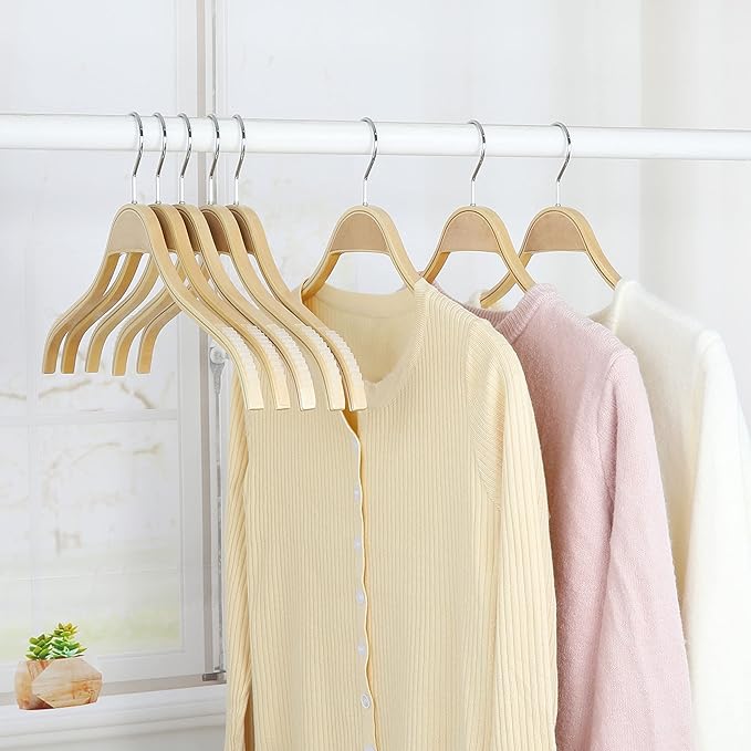 TOPIA HANGER Slim Natural Wood Hangers with Extra Soft Non-Slip Rubber Grips, 10-Pack High-Grade Fashion Hanger No Shoulder Bump for Sweater, Camisole, Jacket, Dress, Coat -CT15N
