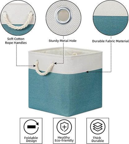 Bidtakay Fabric Baskets for Closets Shelves Lined Set of 3 Large Square Collapsible Storage Bins for Organizing 13 X 13 Cube Storage Bins for Pantry Organization Storage(Teal Blue)