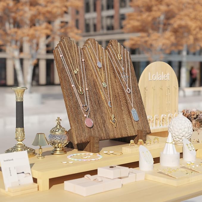 Lolalet Wooden Necklace Display Stands for Selling, Freestanding Multiple Necklaces Stands and Displays for Vendors, Jewelry Displays Holders for Craft Show -2 Pack, Oak