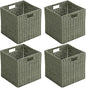 Handwoven Paper Woven Cube Basket Organizer with Handles set of 4 Foldable Storage baskets for Bedroom Living Room Cubby Storage Units for Clothes Books Toys (Green, 13" L x 13" W x 13" H)