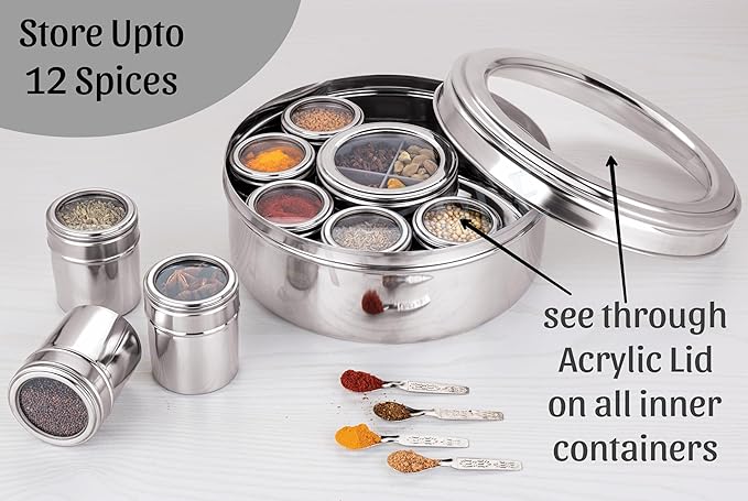 12 In 1 Stainless Steel Masala Box | Spice Box For Kitchen | Large Masala Dabba with See-Through Lid | Steel Masala Dani 2.5L Spice Organizer with 12 Compartment (22.5 cm, Silver)