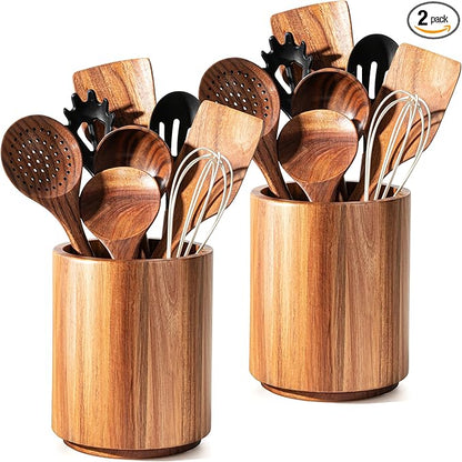 Criusia Utensil Holder 2 Pack, 360° Rotating Acacia Wood Cooking Utensil Crocks for Kitchen Counter, Farmhouse & Modern Decor, (2 Large)