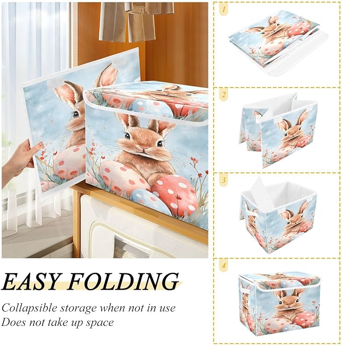senya Easter Baskets Collapsible Storage Bins with Lids, Easter Rabbit Bunny K Storage Boxes Clothes Baskets for Organizing