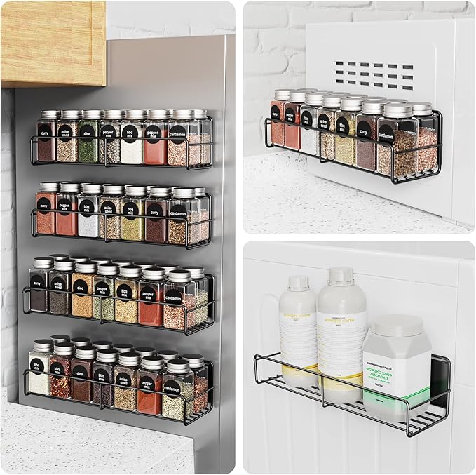 Mystozer 4 Pack Magnetic Spice Rack for Refrigerator, Magnetic Shelf Fridge Organizer for Kitchen Storage, Black