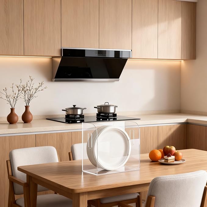 Acrylic Paper Plate Dispenser Wall Mounted, Paper Plate Organizer in Cabinet, Disposable Plate Storage Holder for Kitchen Countertop or Outdoor Picnics Party, Provide Adhesive Strip & Mounting Screws