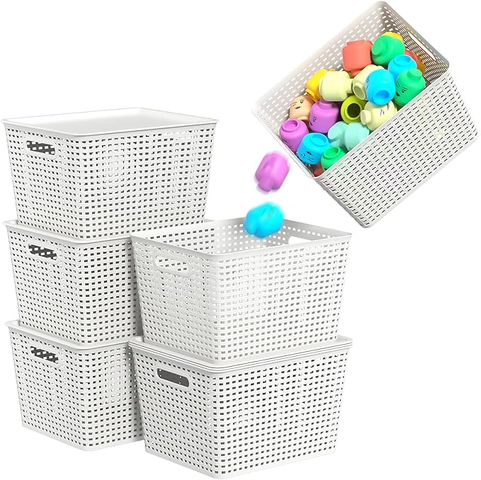 6-Pack Large Plastic Storage Baskets with Lid, Lidded Storage Organizer Bins, White