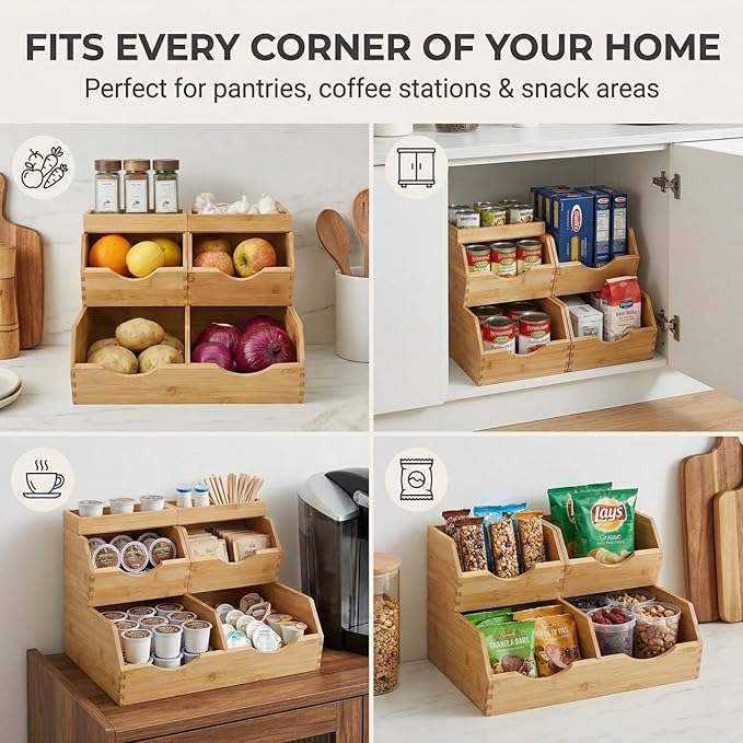 Bamboo Pantry Storage Bins Set 5 Pieces - Stackable Baskets, Potato and Onion Storage, Bamboo Wood Storage Bins for Pantry Baskets Organization and Storage, Kitchen Essential