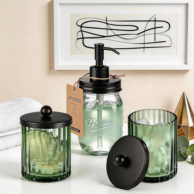 Amolliar Sage Green Glass Apothecary Jar, Qtip Holder Dispenser for Cotton Swabs, Balls, Makeup Pads, Floss Picks, Bathroom Essential Accessories, Countertop Canister Storage Organizer (Black, 2 Pack)