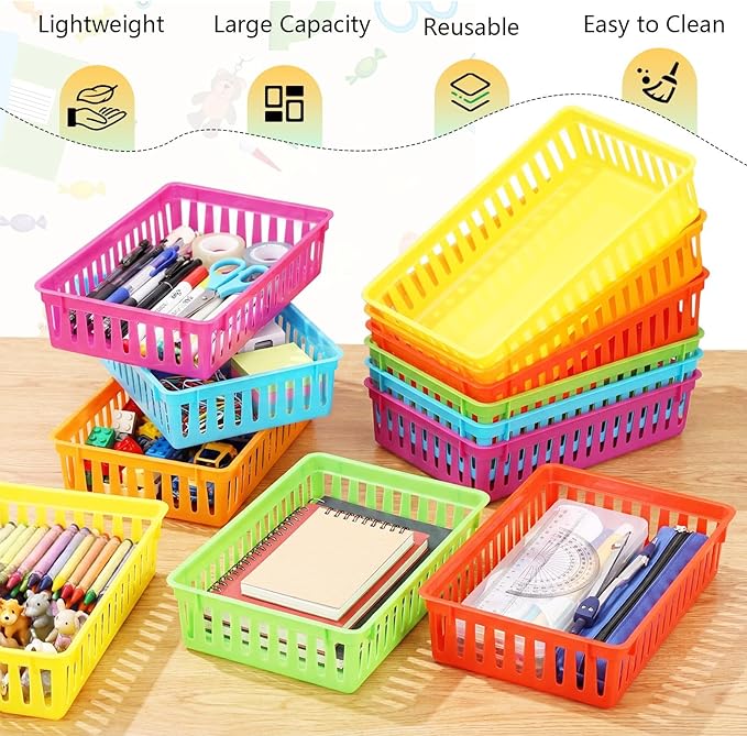 Wenqik 24 Pcs Plastic Storage Baskets for Classroom Organizing Small Pantry Storage Bins Rectangular Tray for School Household Toys Classroom Bedrooms, Kitchens Countertops (Rainbow Color)