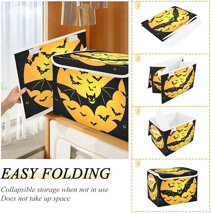 senya Halloween Storage Baskets Collapsible Storage Bins with Lids, Bat Pattern Storage Boxes Clothes Baskets for Organizing