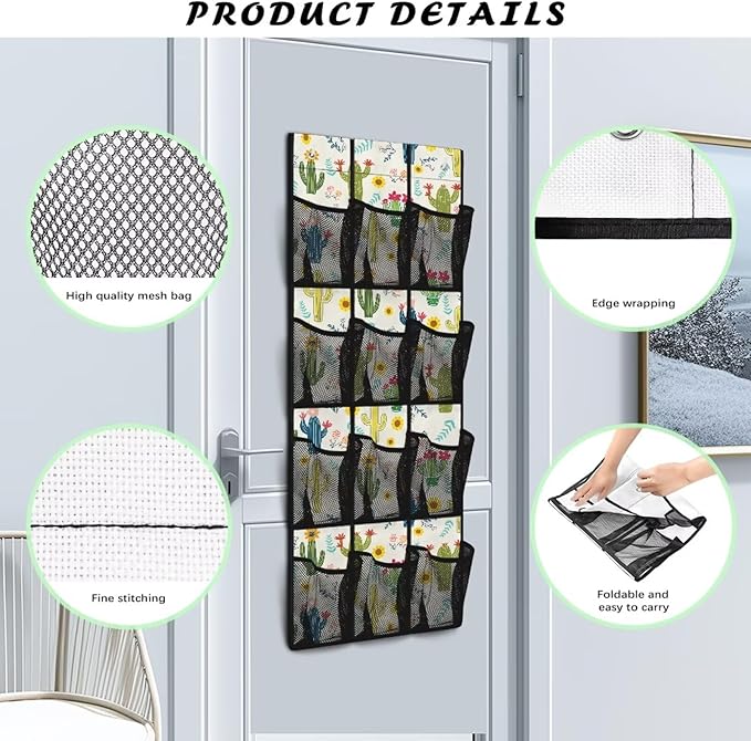Cacti Over the Door Shoe Organizer,Hanging Storage Bags with 12 Mesh Large Pockets,Behind Door Shoes Hang Holder Rack