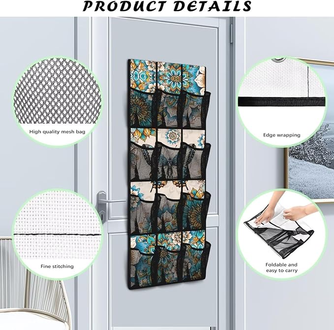 Mandalas Door Hanger Organizer 12 Pockets Behind The Door Organizer for Living Room Butterflies Wall Hanging Storage Easy to Install Multi-Funtion Storage Bag