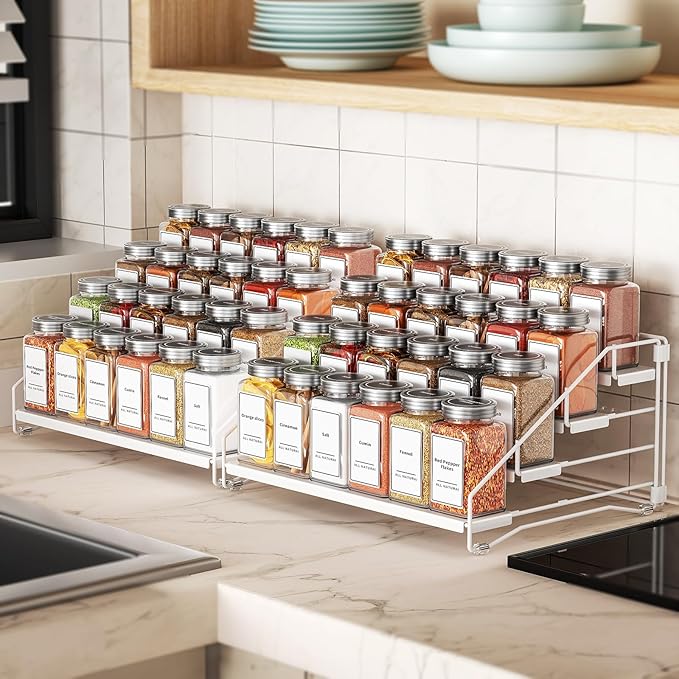 BOIVSHI Spice Organization for Cabinet, Spice Rack Organizer, Spice Rack Organizer for Cabinet, Depth Adjustable Seasoning Organzier Organizer for Cabinet, Countertop, Pantry, Metal, White (2 Pack)