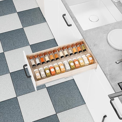Yieach 4 Pack Adjustable In Drawer Spice Organizer - Expandable From 11" to 22" - Clear Acrylic Seasoning Organizer with Jars for Kitchen Drawer,Horizontal Tiered Kitchen Spice Organization & Tray