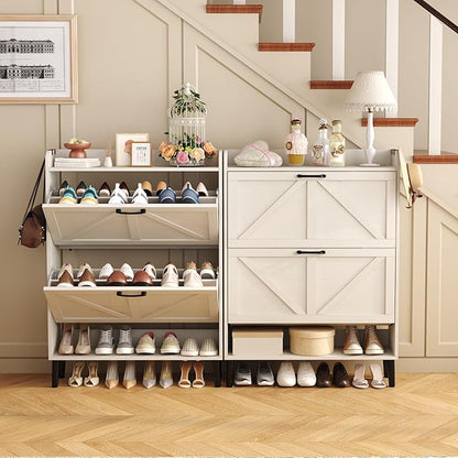 HOMEFORT Shoe Storage Cabinet for Entryway, Slim Shoe Organizer with Two Flip Drawers, Narrow Shoe Rack Cabinet with Wood Legs, Farmhouse Hidden Shoe Cabinet for Front Door Entrance,Antique White
