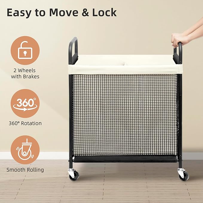 STORAGE MANIAC Rolling Laundry Hamper with Wheels 2-Section Laundry Sorter Rolling Laundrys Basket on Wheels with Removable Bag Clothes Hamper Laundrys Organizer Cart Bathroom Bedroom 100L Beige