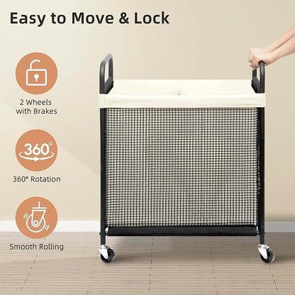 STORAGE MANIAC Rolling Laundry Hamper with Wheels 2-Section Laundry Sorter Rolling Laundrys Basket on Wheels with Removable Bag Clothes Hamper Laundrys Organizer Cart Bathroom Bedroom 100L Beige