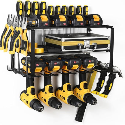 Wall Mount Power Tool Organizer, 3 Layers Garage Wall Organize with 4 Cordless Drill Holders, Storage Rack for Workshop/Garage, 150Lbs Load Capacity, Heavy Duty Iron, Matte Black