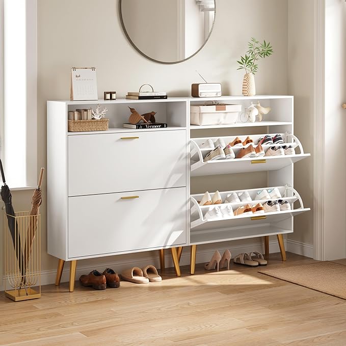Entryway Shoe Cabinet, White Shoe Storage Cabinet with 2 Flip Doors and Shelf, Narrow Hidden Shoe Organizer Cabinet Slim, Freestanding Shoe Rack for Entryway, White