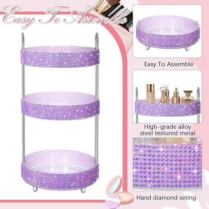 Honeydak 360 Rotating Perfume Organizer for Mother Day Nurse Day Rhinestone Bathroom Counter Organizer Makeup Holder Skincare and Perfume Storage for Cosmetic Countertop(3 Tiers,Resin Stone,Purple)
