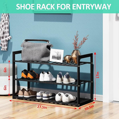 Jripae Bamboo Shoe Rack for Entryway, 27.5inch Stackable 3 Tier Shoe Organizer Shelf Storage 9-12 Pairs Shoes Stand Cubby for Closet Door Hallway Bedroom Garage Black, Thanksgiving