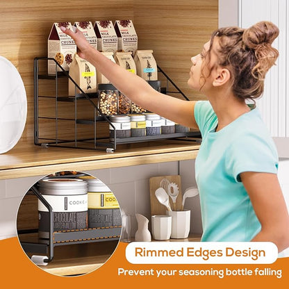 4 Tiered Spice Rack Organizer, 2 Pack Spice Rack Organizer for Cabinet, Tiered Adjustable Spice Shelf for Kitchen Countertop Pantry Organization (Carbon Black)