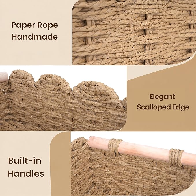 iEGrow Paper Rope Small Storage Baskets for Organizing, Set of 2 Scalloped Edge Wicker Basket with Wooden Handles Toilet Paper Basket for Over Toilet Storage Shelf, Home Decor, Living Room (Neutral)