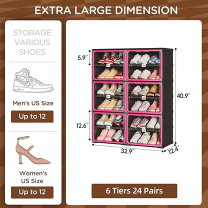 Vipbox No Assembly 6 Tier Collapsible Shoe Rack, 24 Pairs Foldable Shoe Storage Cabinet with Doors, Large Shoe Organizer for Closet, Black & Rose Red