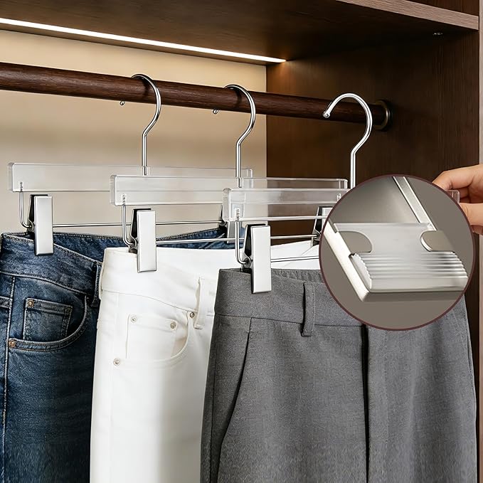Besser 20Pcs Silver Acrylic Pants Hangers,Clear Hangers with Bright Silver Hooks,Luxurious Skirt Pants Hangers Clips for Clothing Closet Storage