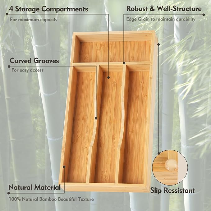 Upassion Bamboo Kitchen Drawer Organizer, 7 Inch Silverware Utensil Holder for Small Drawer, Wood Silverware Organizer for Cutlery