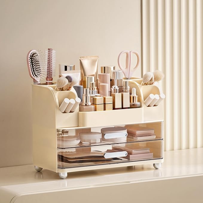 HBlife Makeup Organizer for Vanity with Brush Holder, Large Bathroom Countertop Cosmetic Organizer Skin Care Storage, Easy to Store Lipsticks, Nail Polishes, Perfumes, Eyeshadow Palettes, Beige