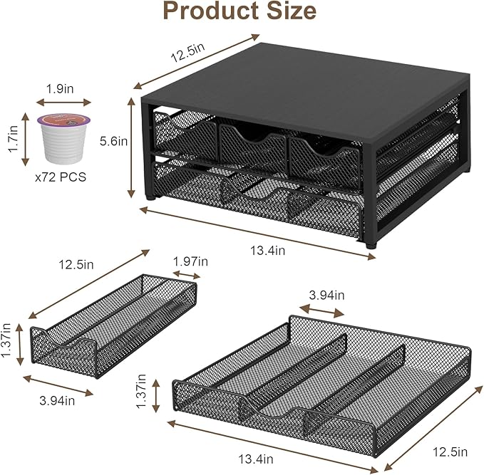 Coffee Pod Holder For Counter, 3 Pull-Out 72 K-Cup Holder Drawer, Wooden Cafe Pods Storage Organizer with Sliding Drawers for Coffee Station, Home, Kitchen, Office, Dorm (Black)
