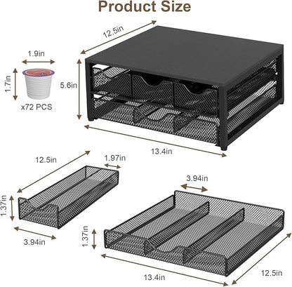 Coffee Pod Holder For Counter, 3 Pull-Out 72 K-Cup Holder Drawer, Wooden Cafe Pods Storage Organizer with Sliding Drawers for Coffee Station, Home, Kitchen, Office, Dorm (Black)