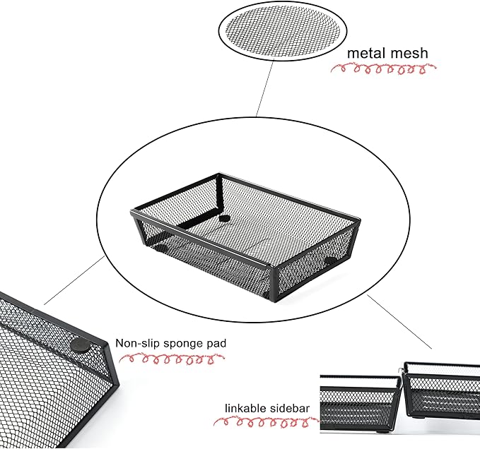 Mesh Tray Silverware Drawer Organizer, Utensil Cutlery Tray Office Supplies with Interlocking Arm Drawer Dividers Organizer for Flatware, Knives,Home,Office, School,Bedroom 9X6＂Black