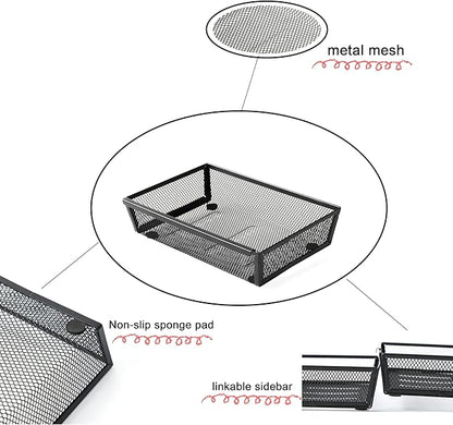 Mesh Tray Silverware Drawer Organizer, Utensil Cutlery Tray Office Supplies with Interlocking Arm Drawer Dividers Organizer for Flatware, Knives,Home,Office, School,Bedroom 9X6＂Black