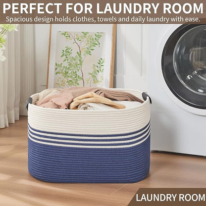 AINUOQI Laundry Basket with Handles - Blanket Basket & Hampers for Bedroom Aesthetic, Laundry Hamper & Blanket Storage for Living Room, Clothes Hamper, Tall, Large 21.7" x 16.9" x 11.8”, Blue