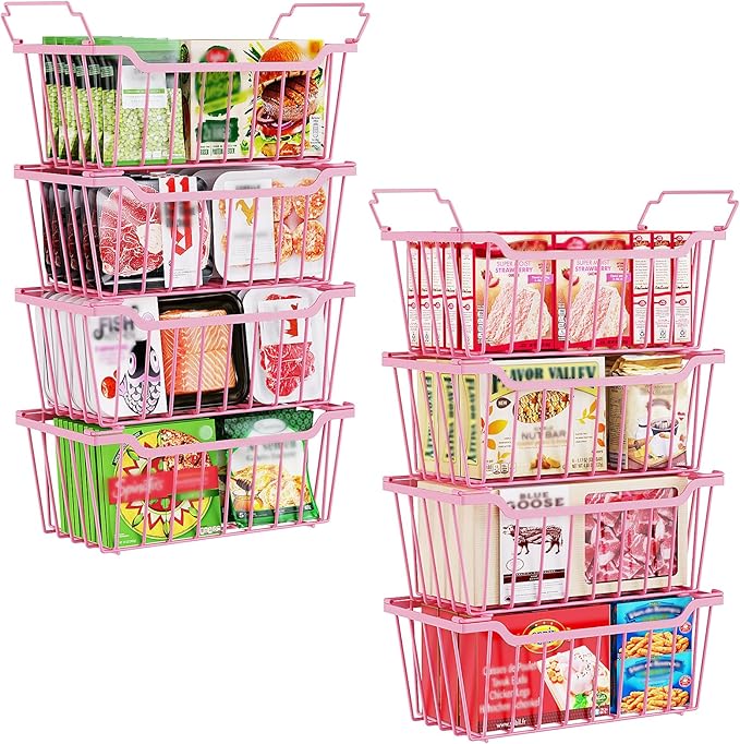 SUNALLY Freezer Organizer Bins, 8 Pack Stackable Chest Freezer Organizer for 5-7 Cu.FT Deep Freezer Sort Frozen Meats and Food, Freezer Storage Baskets with Handles Easy Reach from Bottom, Pink